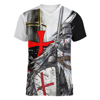 Knights Templar Crusader Women V-Neck T-Shirt Medieval Armor Red Cross Shield