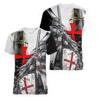 Knights Templar Crusader Women V-Neck T-Shirt Medieval Armor Red Cross Shield