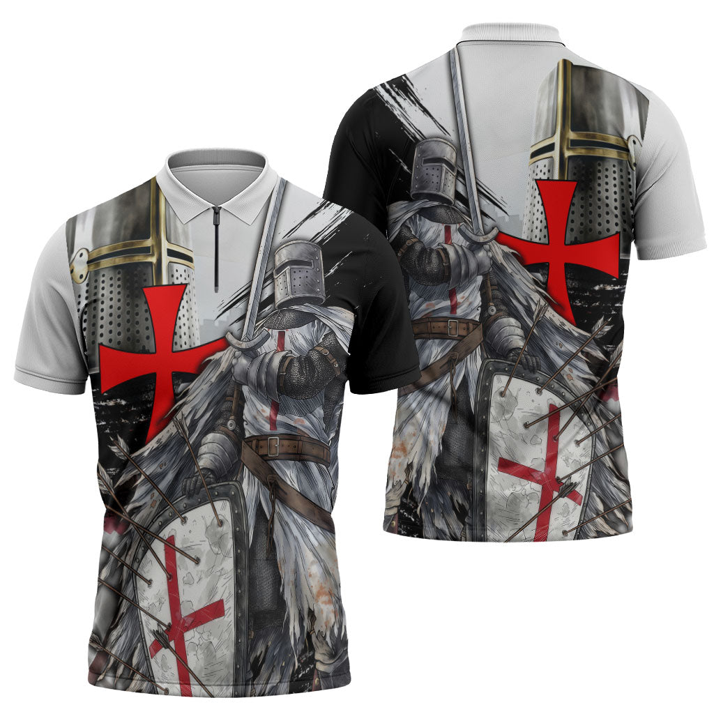 Knights Templar Crusader Zipper Polo Shirt Medieval Armor Red Cross Shield