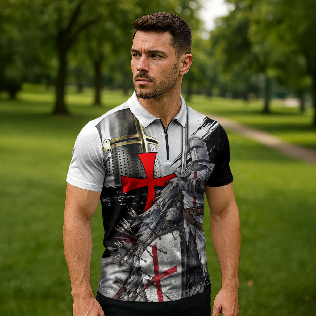 Knights Templar Crusader Zipper Polo Shirt Medieval Armor Red Cross Shield