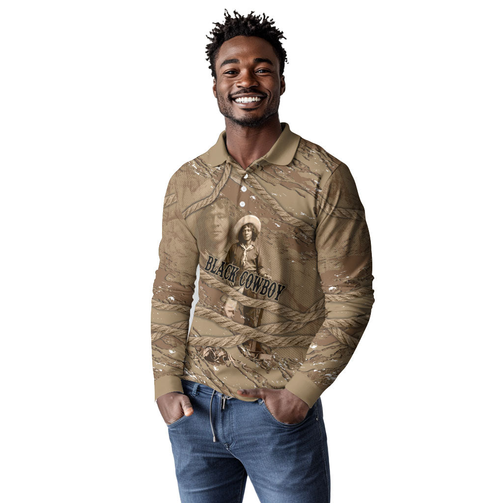 Black Cowboy Nat Love Long Sleeve Polo Shirt Vintage Western Portrait Lasso