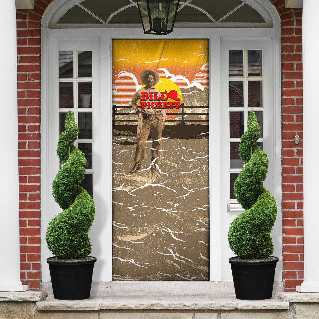 Black Cowboy Bill Pickett Door Cover Retro Sunset Western Design