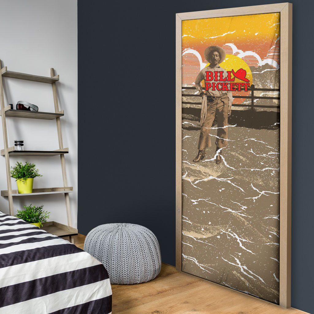 Black Cowboy Bill Pickett Door Cover Retro Sunset Western Design