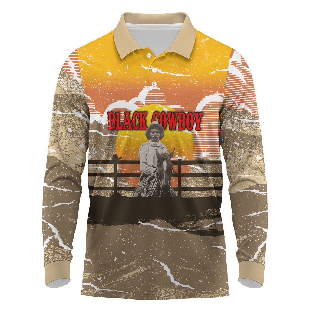 Black Cowboy Bill Pickett Long Sleeve Polo Shirt Retro Sunset Western Design