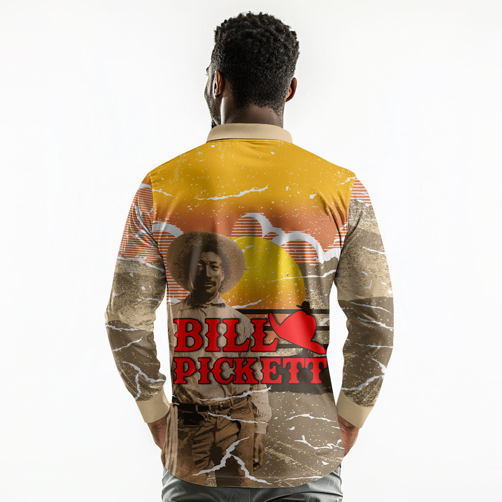 Black Cowboy Bill Pickett Long Sleeve Polo Shirt Retro Sunset Western Design