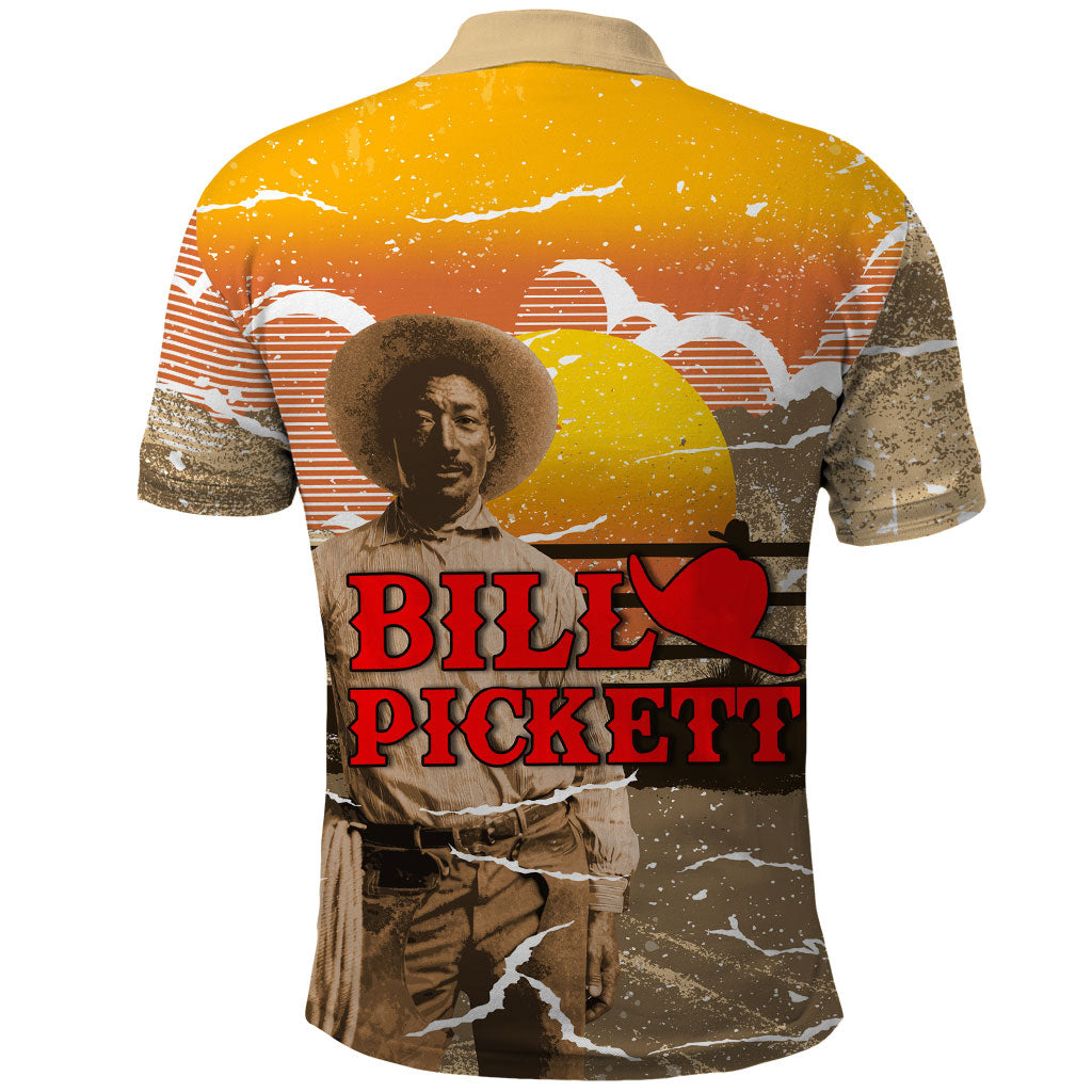 Black Cowboy Bill Pickett Polo Shirt Retro Sunset Western Design