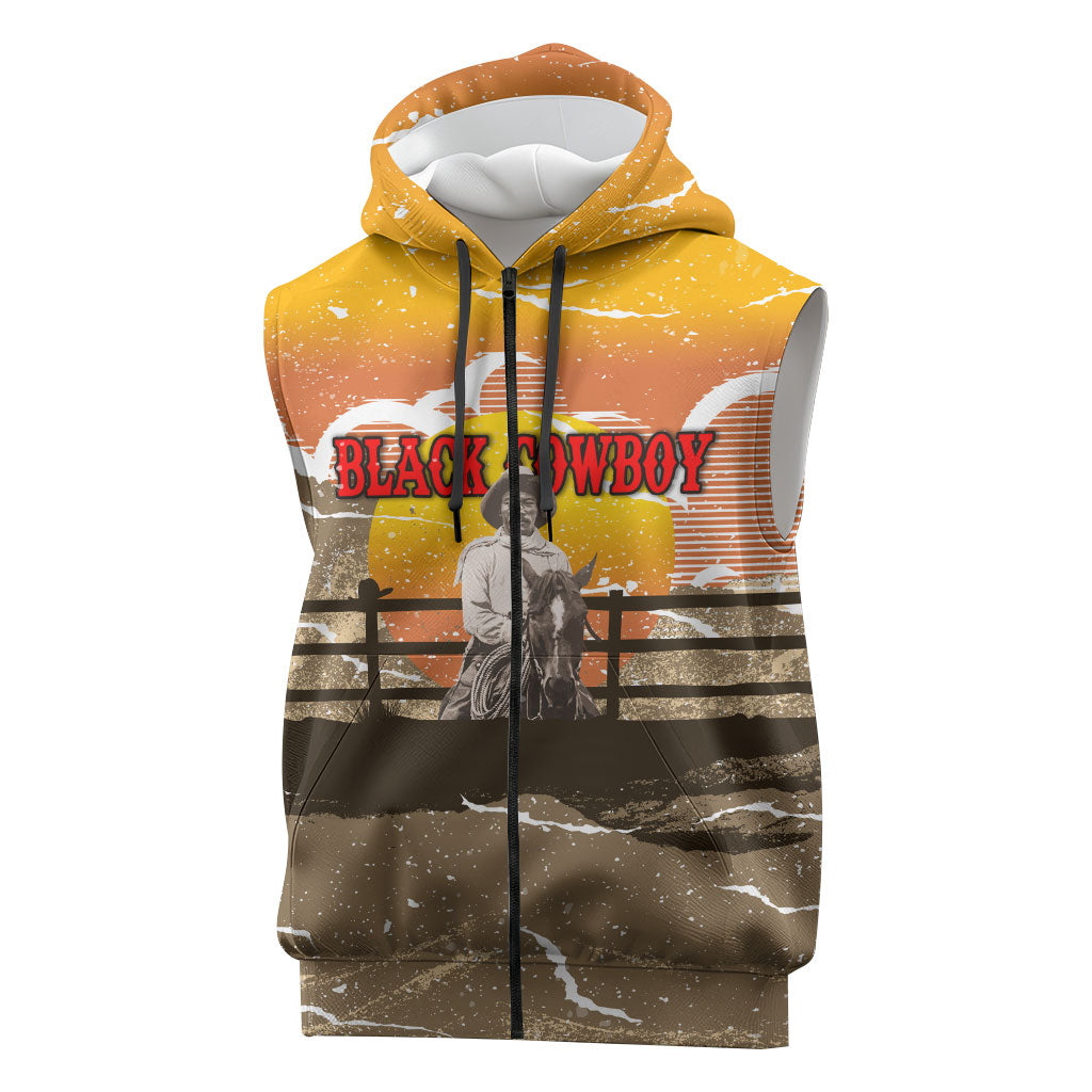 Black Cowboy Bill Pickett Sleeveless Zip Hoodie Retro Sunset Western Design