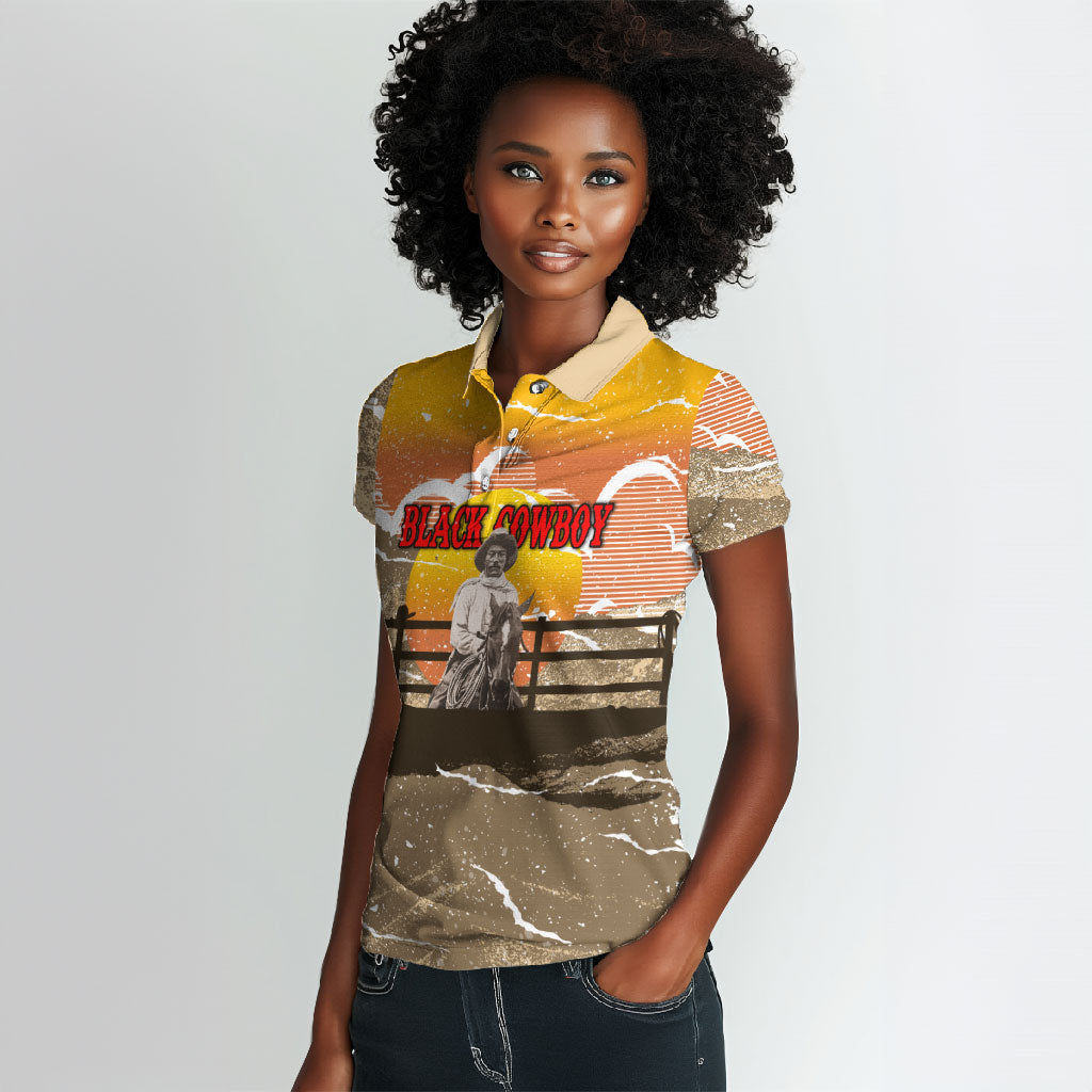 Black Cowboy Bill Pickett Women Polo Shirt Retro Sunset Western Design
