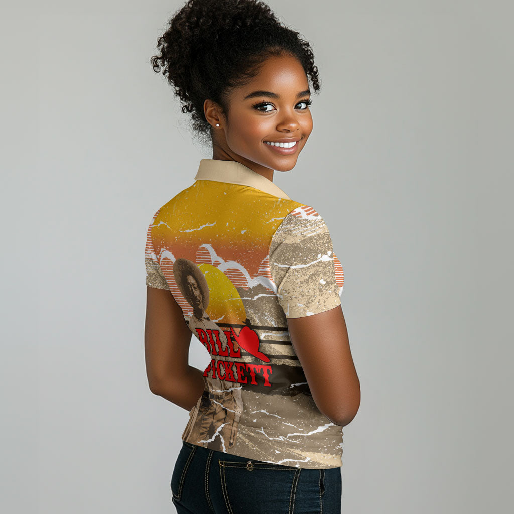 Black Cowboy Bill Pickett Women Polo Shirt Retro Sunset Western Design
