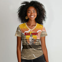 Black Cowboy Bill Pickett Women V-Neck T-Shirt Retro Sunset Western Design