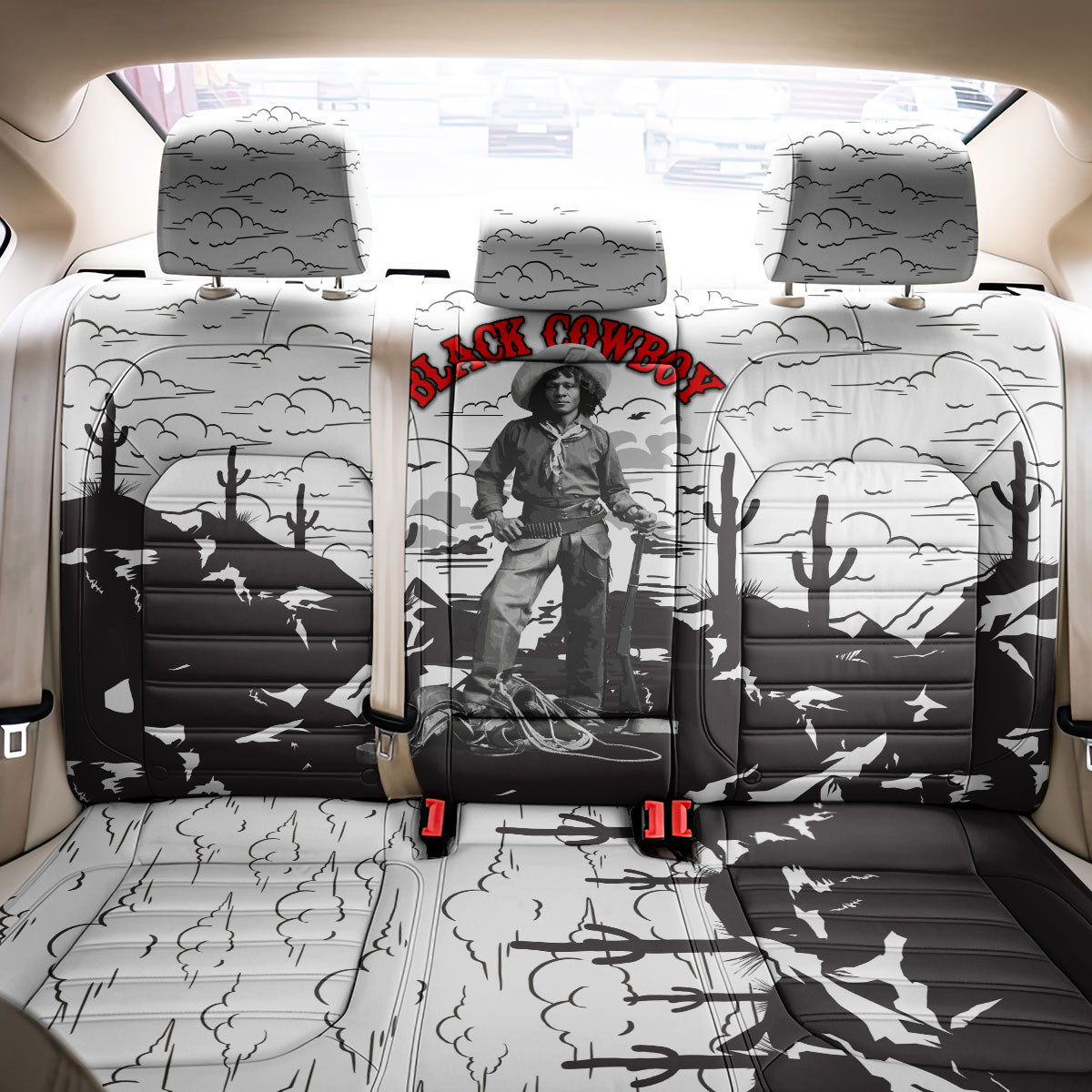 Black Cowboy Nat Love Back Car Seat Cover Comic Style Desert Line Art Red Typography