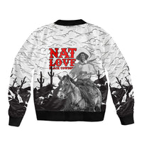 Black Cowboy Nat Love Bomber Jacket Comic Style Desert Line Art Red Typography