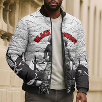 Black Cowboy Nat Love Bomber Puffer Jacket Comic Style Desert Line Art Red Typography