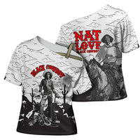 Black Cowboy Nat Love Cross Shoulder Shirt Comic Style Desert Line Art Red Typography