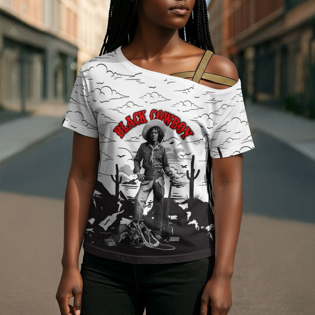 Black Cowboy Nat Love Cross Shoulder Shirt Comic Style Desert Line Art Red Typography