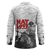 Black Cowboy Nat Love Hockey Jersey Comic Style Desert Line Art Red Typography