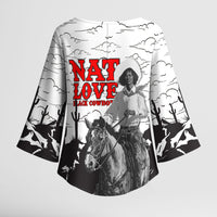 Black Cowboy Nat Love Kimono Sleeve Blouse Comic Style Desert Line Art Red Typography