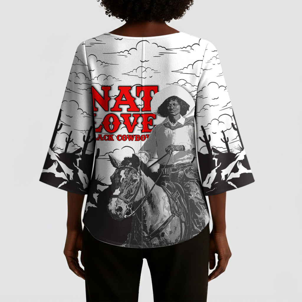 Black Cowboy Nat Love Kimono Sleeve Blouse Comic Style Desert Line Art Red Typography