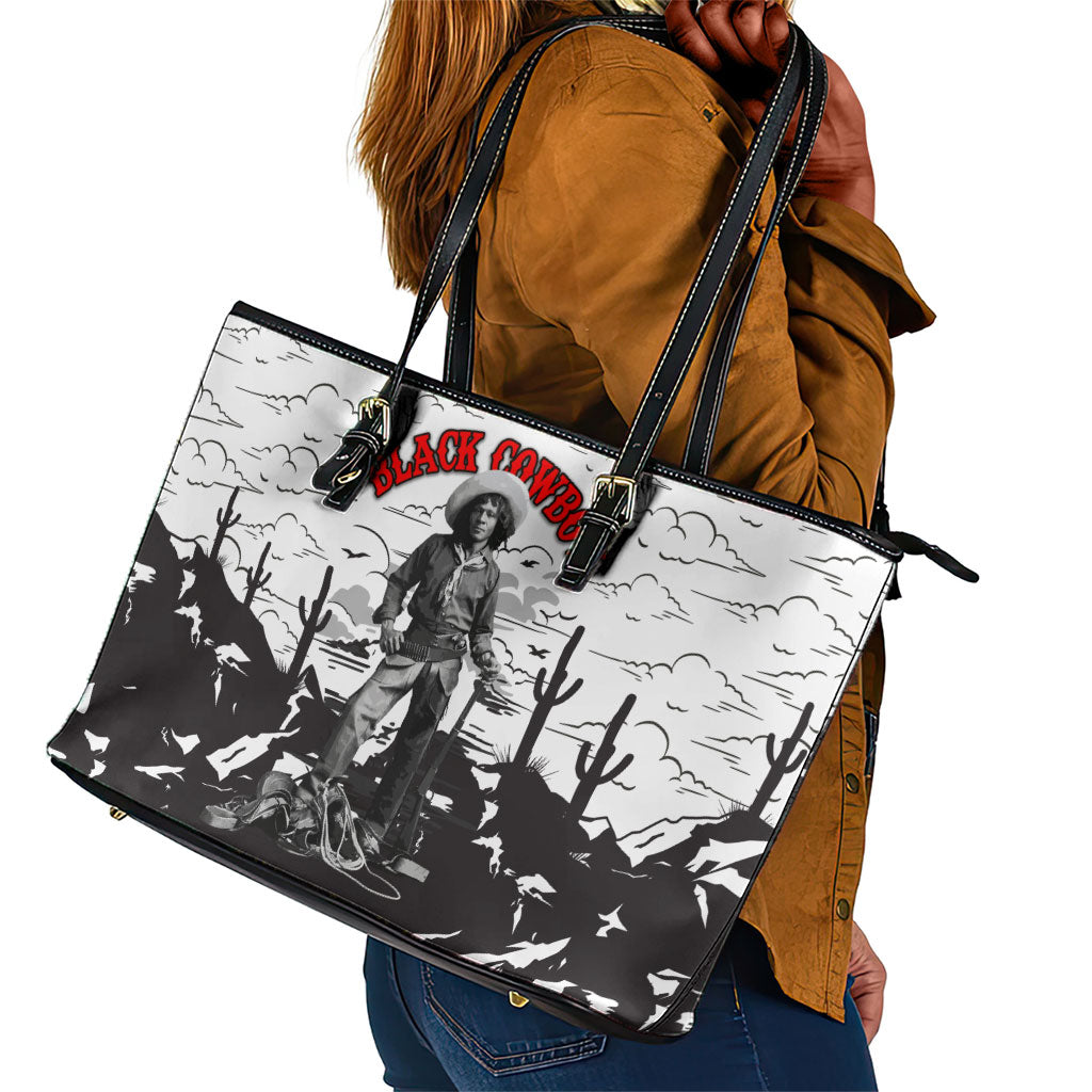 Black Cowboy Nat Love Leather Tote Bag Comic Style Desert Line Art Red Typography