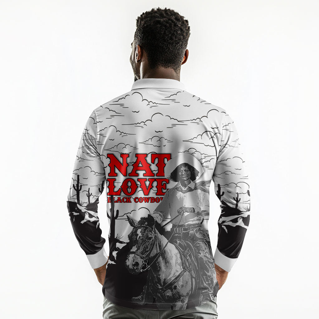 Black Cowboy Nat Love Long Sleeve Polo Shirt Comic Style Desert Line Art Red Typography