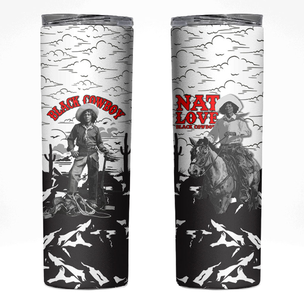 Black Cowboy Nat Love Skinny Tumbler Comic Style Desert Line Art Red Typography