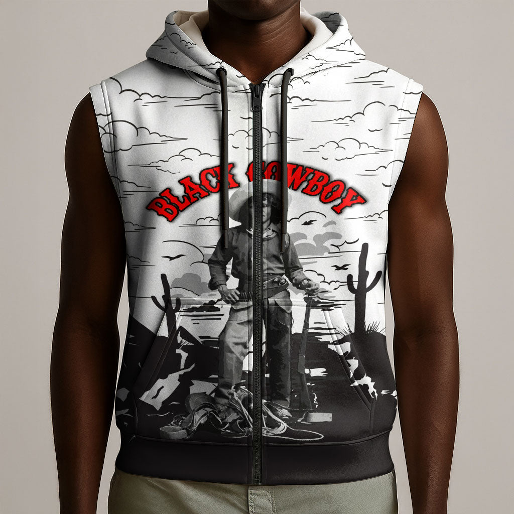 Black Cowboy Nat Love Sleeveless Zip Hoodie Comic Style Desert Line Art Red Typography