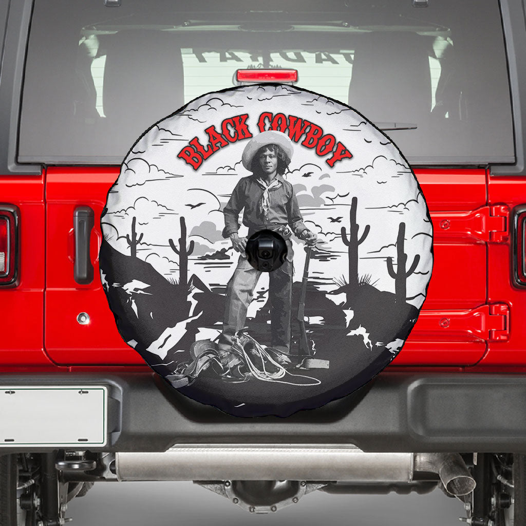 Black Cowboy Nat Love Spare Tire Cover Comic Style Desert Line Art Red Typography