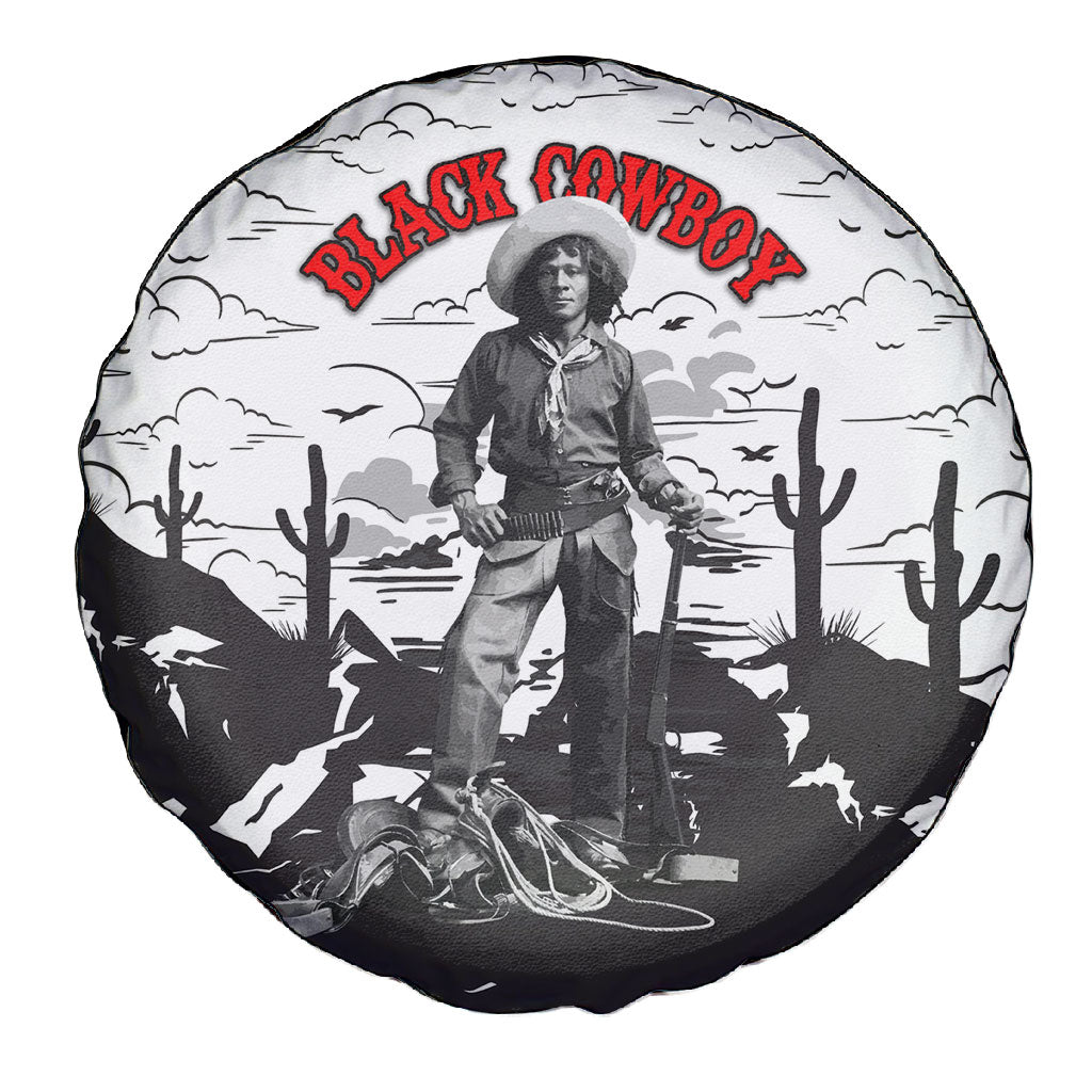 Black Cowboy Nat Love Spare Tire Cover Comic Style Desert Line Art Red Typography