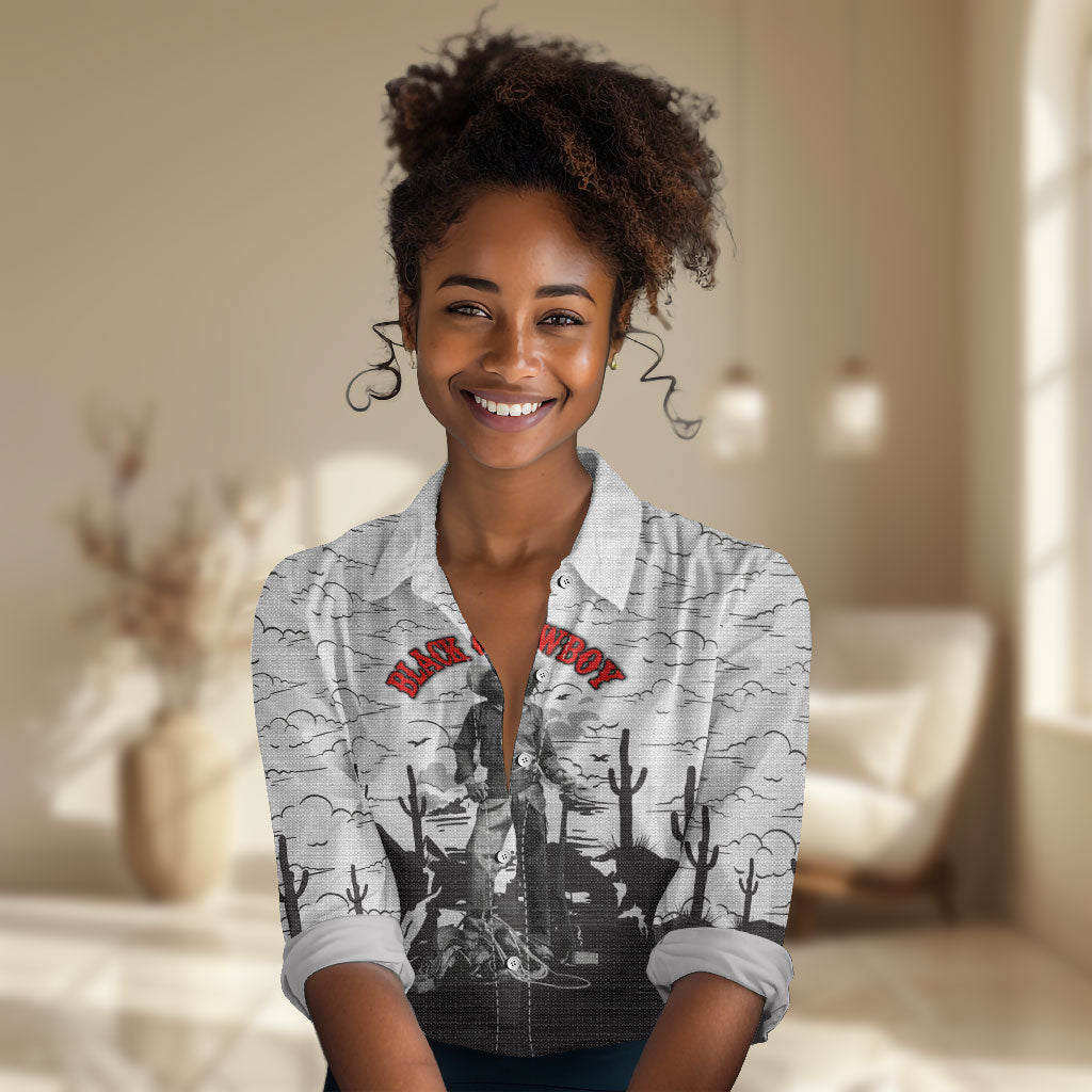 Black Cowboy Nat Love Women Casual Shirt Comic Style Desert Line Art Red Typography
