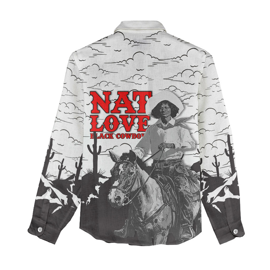 Black Cowboy Nat Love Women Casual Shirt Comic Style Desert Line Art Red Typography