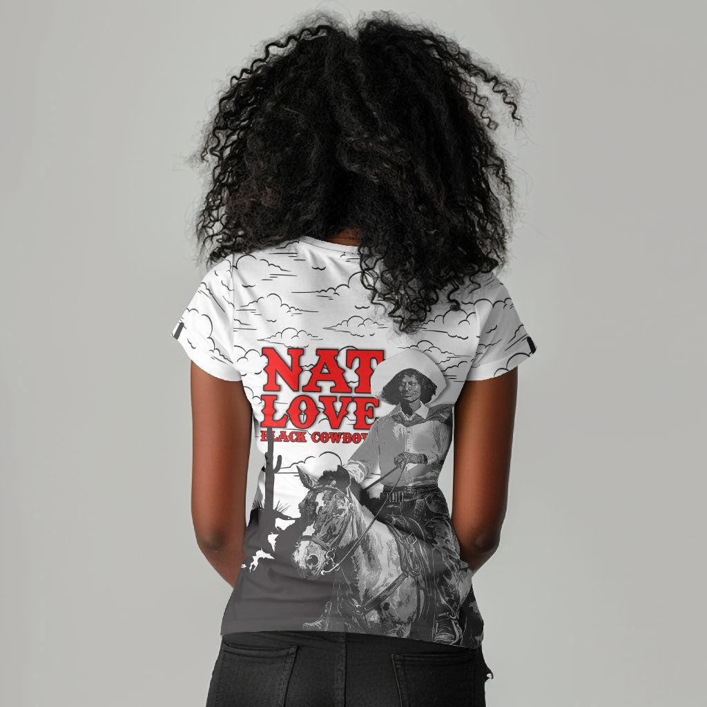 Black Cowboy Nat Love Women V-Neck T-Shirt Comic Style Desert Line Art Red Typography