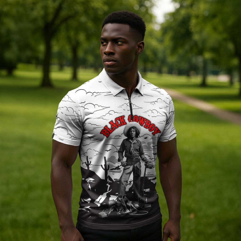 Black Cowboy Nat Love Zipper Polo Shirt Comic Style Desert Line Art Red Typography