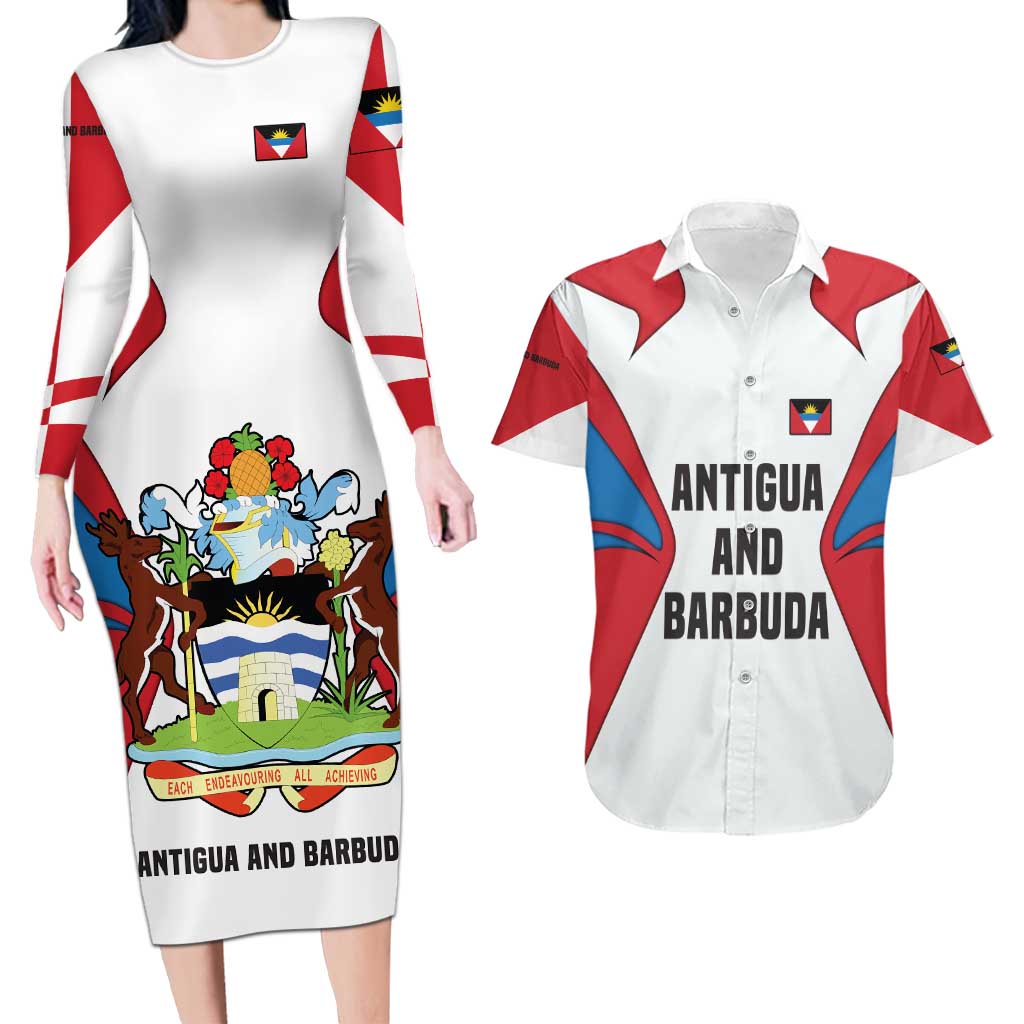 Antigua and Barbuda Flag Couples Matching Long Sleeve Bodycon Dress and Hawaiian Shirt with National Coat of Arms - Wonder Print Shop