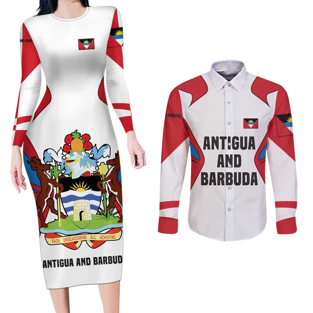 Antigua and Barbuda Flag Couples Matching Long Sleeve Bodycon Dress and Long Sleeve Button Shirt with National Coat of Arms - Wonder Print Shop