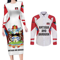 Antigua and Barbuda Flag Couples Matching Long Sleeve Bodycon Dress and Long Sleeve Button Shirt with National Coat of Arms - Wonder Print Shop
