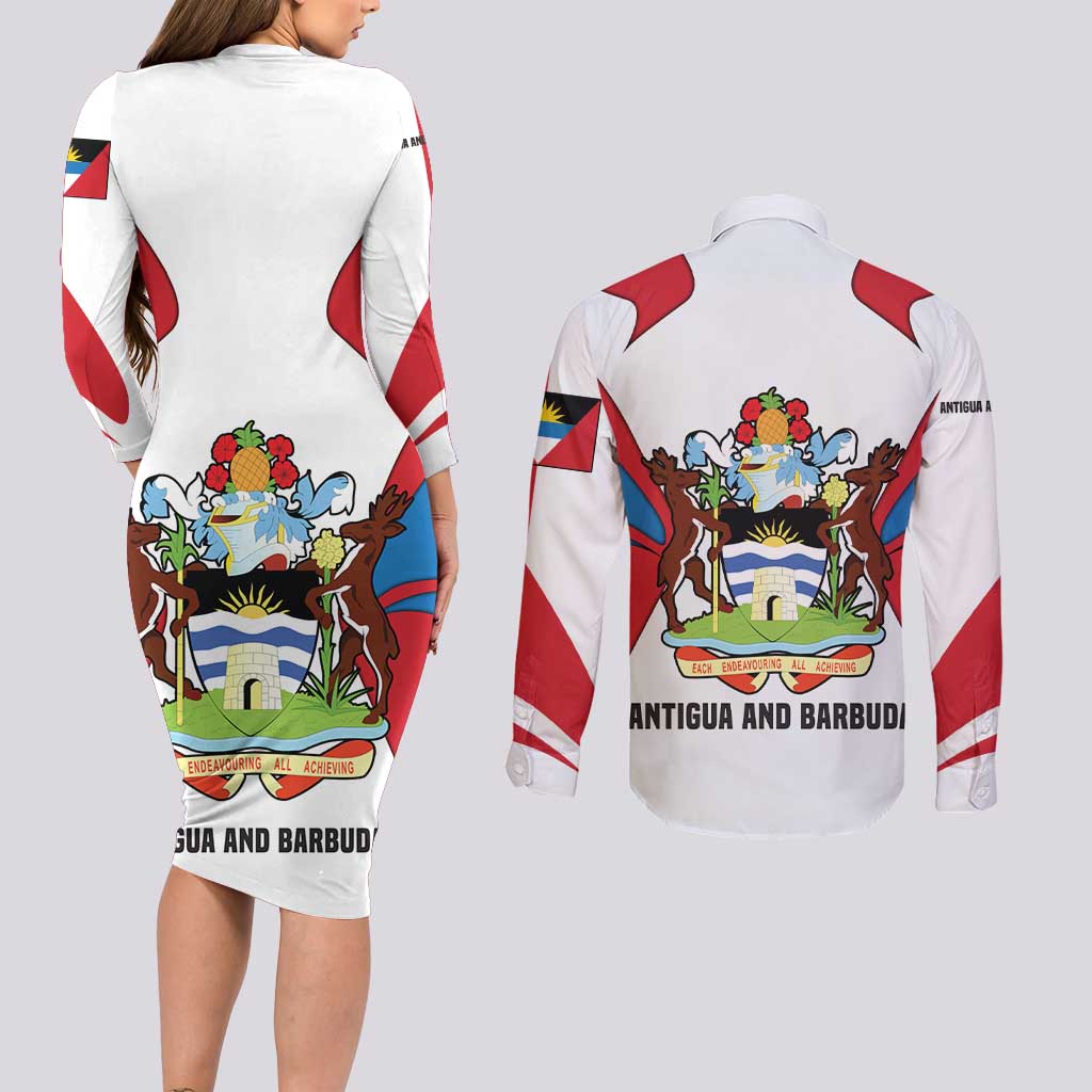Antigua and Barbuda Flag Couples Matching Long Sleeve Bodycon Dress and Long Sleeve Button Shirt with National Coat of Arms - Wonder Print Shop