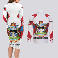 Antigua and Barbuda Flag Couples Matching Long Sleeve Bodycon Dress and Long Sleeve Button Shirt with National Coat of Arms - Wonder Print Shop