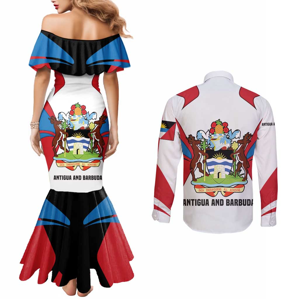 Antigua and Barbuda Flag Couples Matching Mermaid Dress and Long Sleeve Button Shirt with National Coat of Arms - Wonder Print Shop