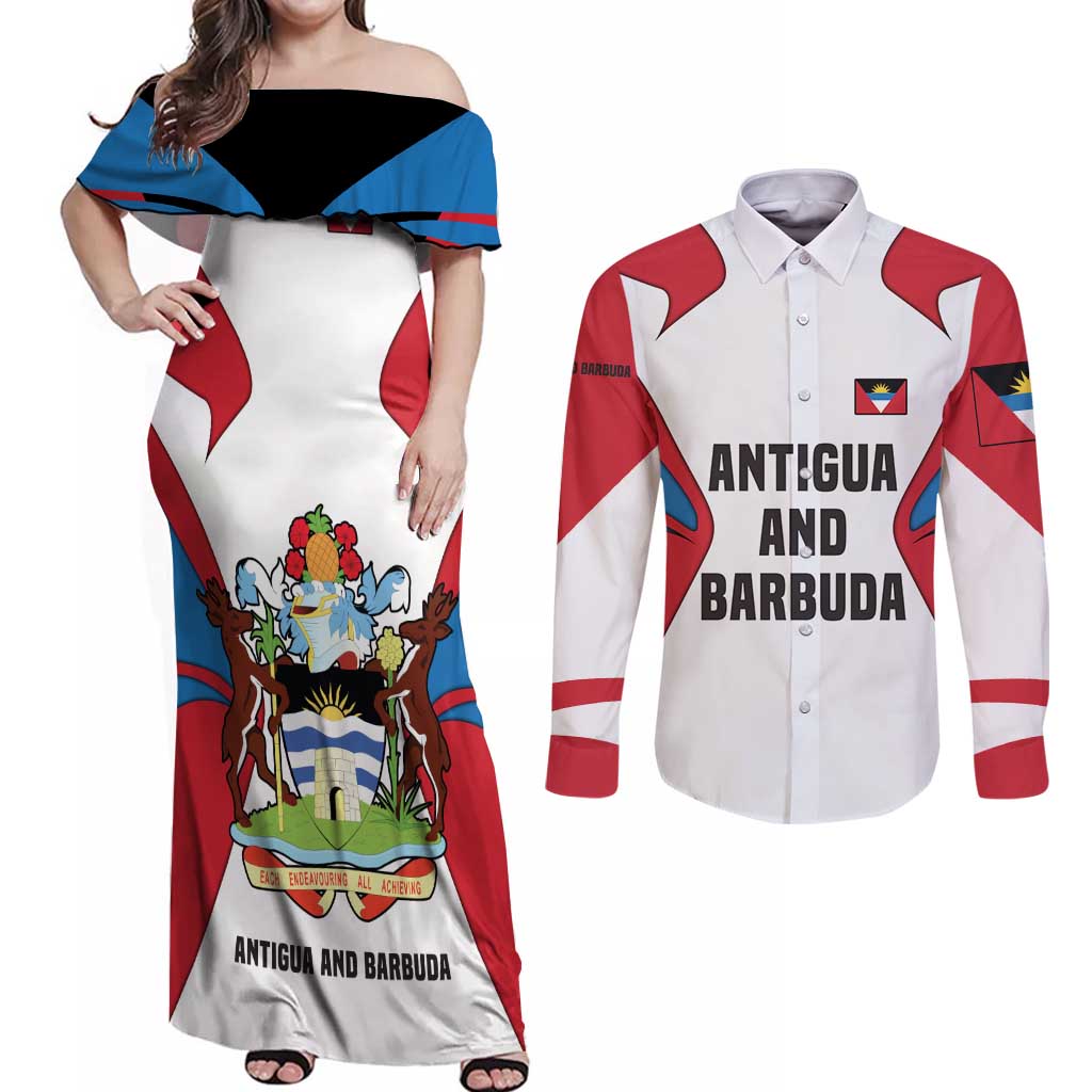 Antigua and Barbuda Flag Couples Matching Off Shoulder Maxi Dress and Long Sleeve Button Shirt with National Coat of Arms - Wonder Print Shop