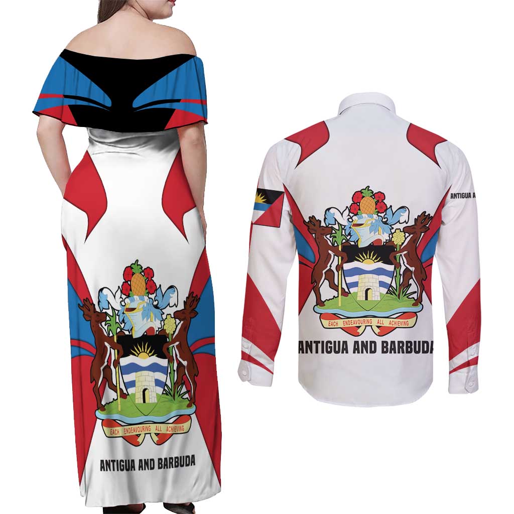 Antigua and Barbuda Flag Couples Matching Off Shoulder Maxi Dress and Long Sleeve Button Shirt with National Coat of Arms - Wonder Print Shop