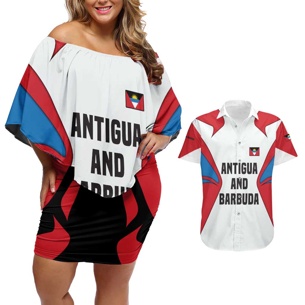 Antigua and Barbuda Flag Couples Matching Off Shoulder Short Dress and Hawaiian Shirt with National Coat of Arms - Wonder Print Shop