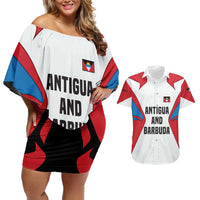 Antigua and Barbuda Flag Couples Matching Off Shoulder Short Dress and Hawaiian Shirt with National Coat of Arms - Wonder Print Shop