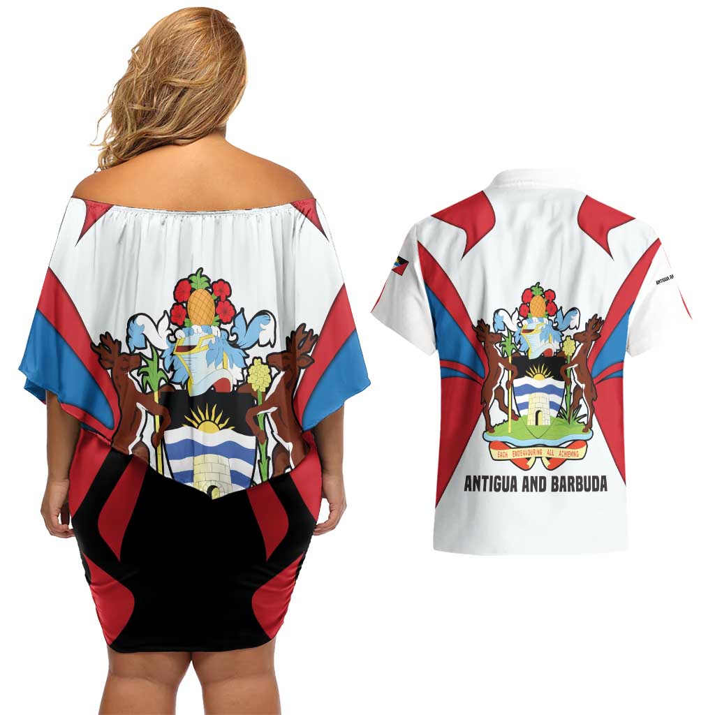 Antigua and Barbuda Flag Couples Matching Off Shoulder Short Dress and Hawaiian Shirt with National Coat of Arms - Wonder Print Shop