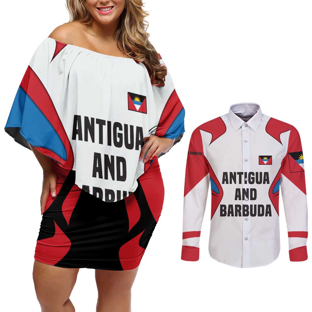 Antigua and Barbuda Flag Couples Matching Off Shoulder Short Dress and Long Sleeve Button Shirt with National Coat of Arms - Wonder Print Shop