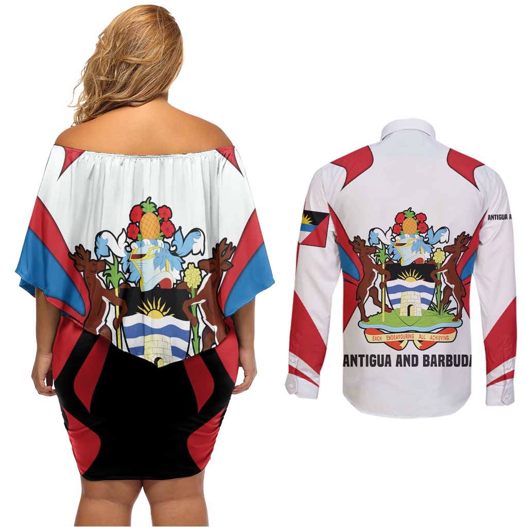 Antigua and Barbuda Flag Couples Matching Off Shoulder Short Dress and Long Sleeve Button Shirt with National Coat of Arms - Wonder Print Shop
