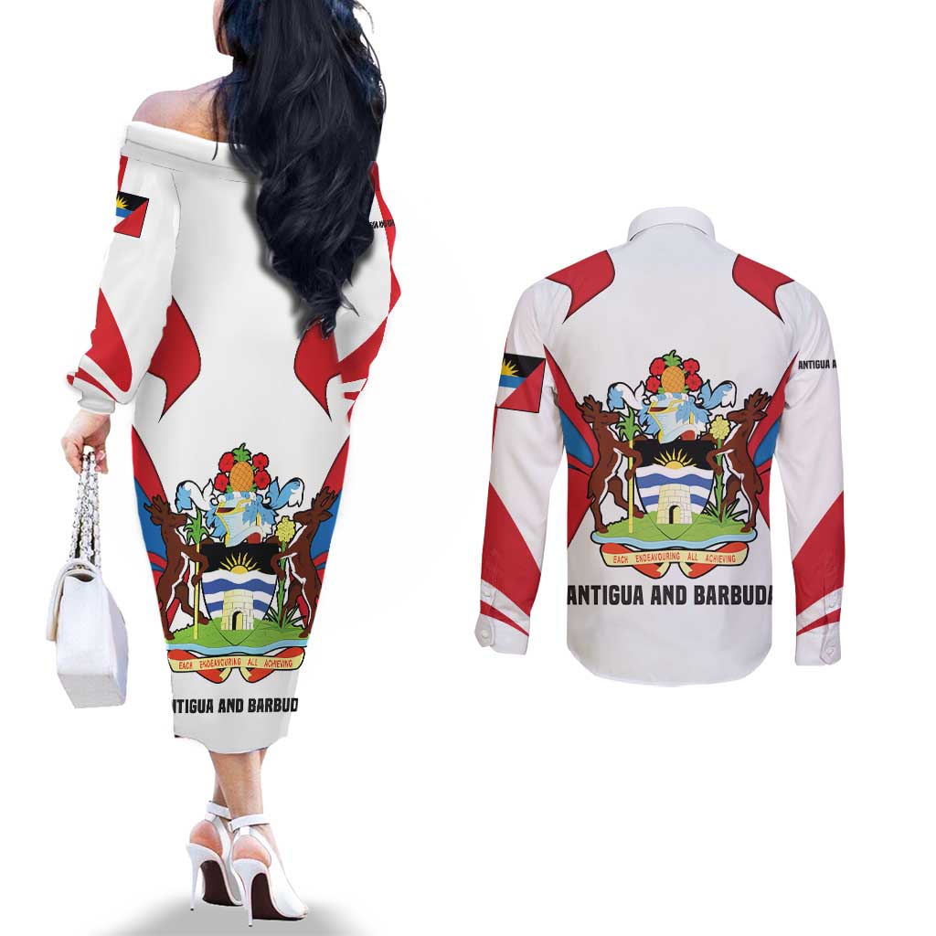 Antigua and Barbuda Flag Couples Matching Off The Shoulder Long Sleeve Dress and Long Sleeve Button Shirt with National Coat of Arms - Wonder Print Shop