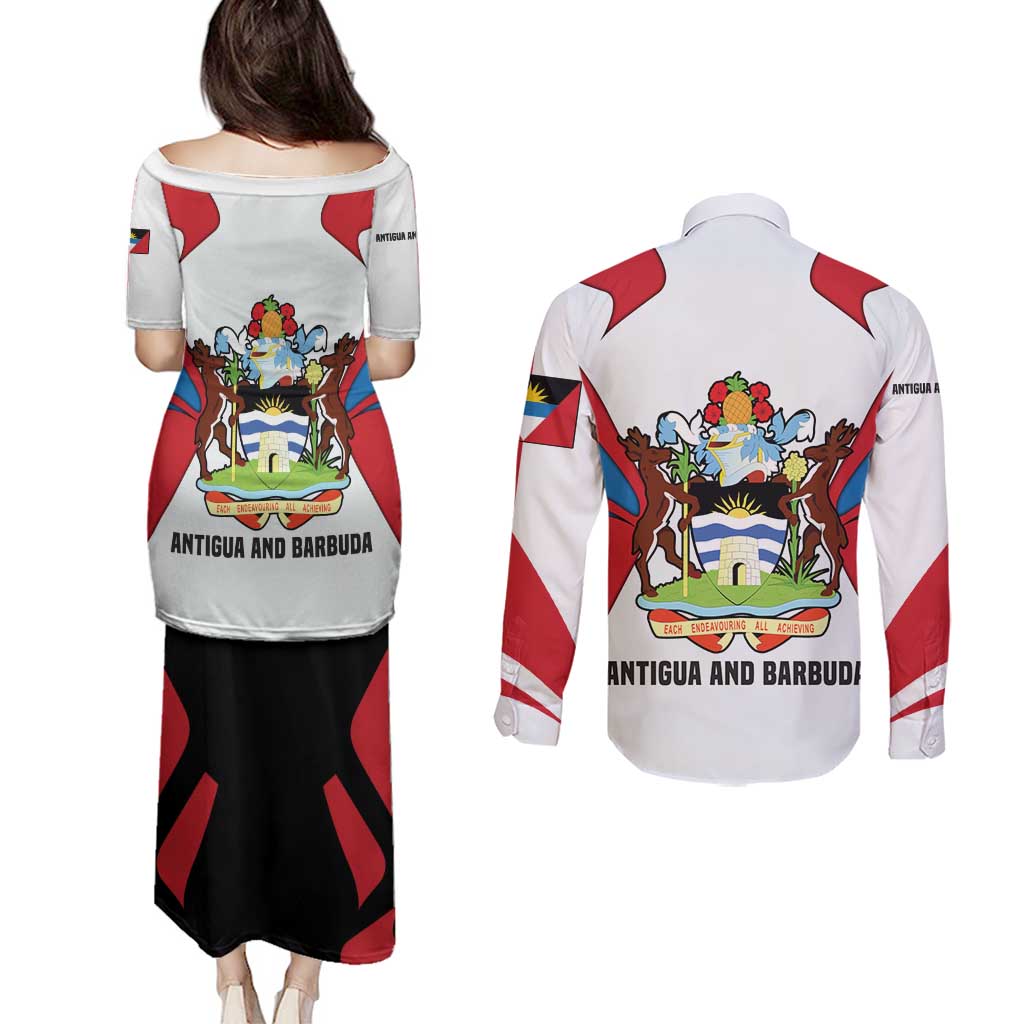 Antigua and Barbuda Flag Couples Matching Puletasi and Long Sleeve Button Shirt with National Coat of Arms - Wonder Print Shop