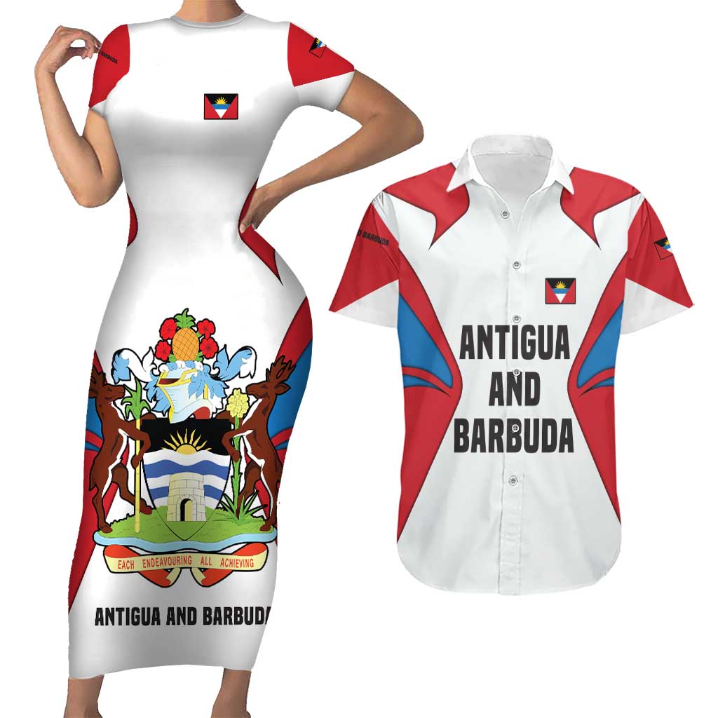 Antigua and Barbuda Flag Couples Matching Short Sleeve Bodycon Dress and Hawaiian Shirt with National Coat of Arms - Wonder Print Shop
