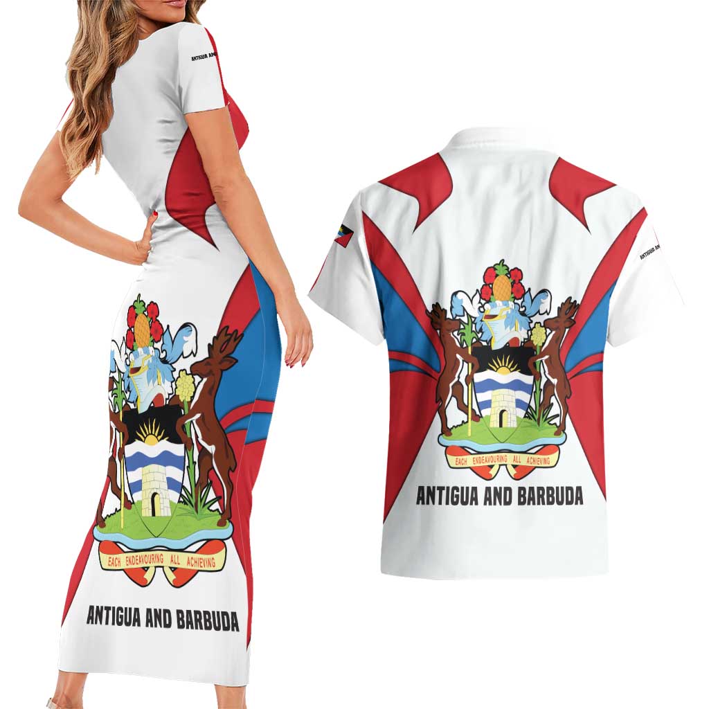 Antigua and Barbuda Flag Couples Matching Short Sleeve Bodycon Dress and Hawaiian Shirt with National Coat of Arms - Wonder Print Shop