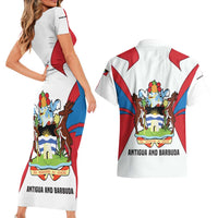 Antigua and Barbuda Flag Couples Matching Short Sleeve Bodycon Dress and Hawaiian Shirt with National Coat of Arms - Wonder Print Shop